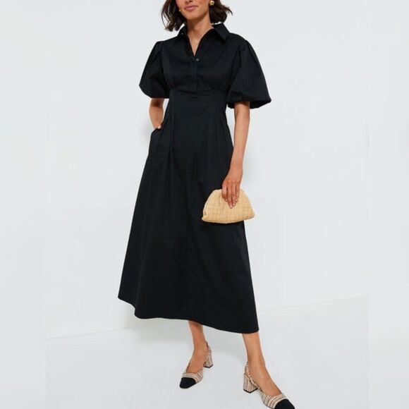 TUCKERNUCK- S -  Black Delaney Puff Sleeve Fit & Flare Pleated Maxi Dress $228 - Picture 1 of 8